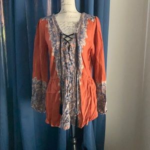 FREE PEOPLE RUST/BLUE EMPIRE WAIST TOP L NWT